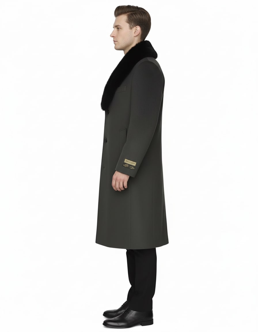 Men’s Olive Overcoat with Black Fur Collar