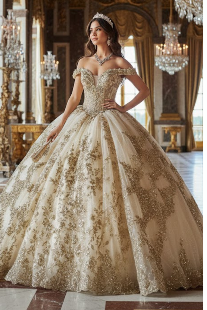 Applique Off Shoulder Quinceanera Dress Corset Ball Gown with Train by Bella Princess PQ1055
