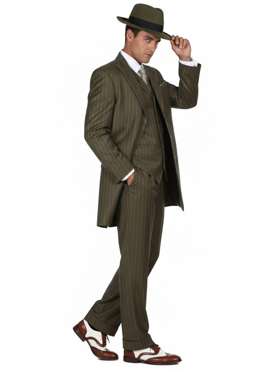 Men's Olive Green 1920s Pinstripe Zoot Suit