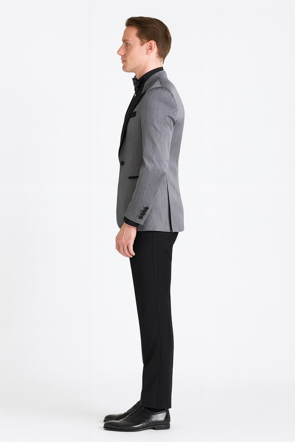 Silver Metallic Tuxedo Suit with Black Satin Peak Lapel – Mens Slim Fi