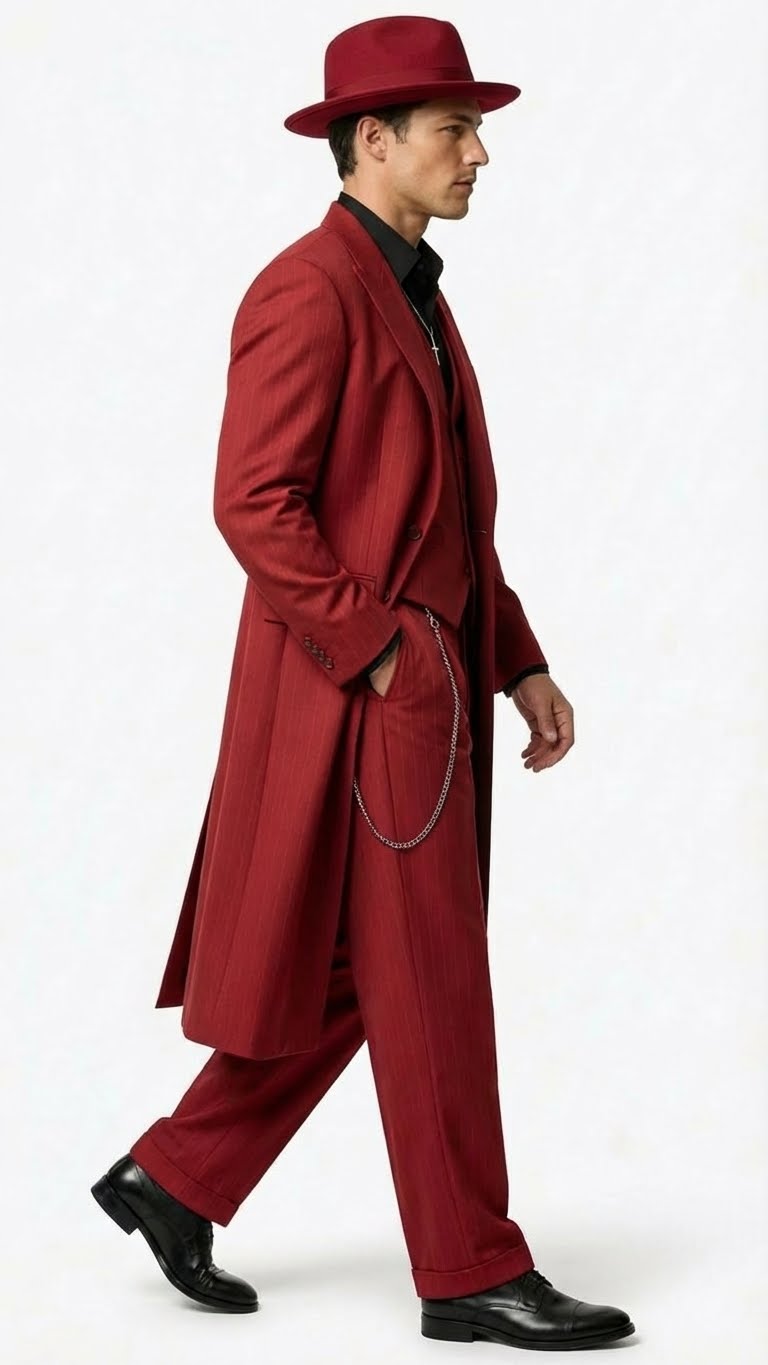 Men’s 1920s Red Zoot Suit – Long Mafia Gangster Three-Piece Vintage Outfit Zuit Pachuco Style