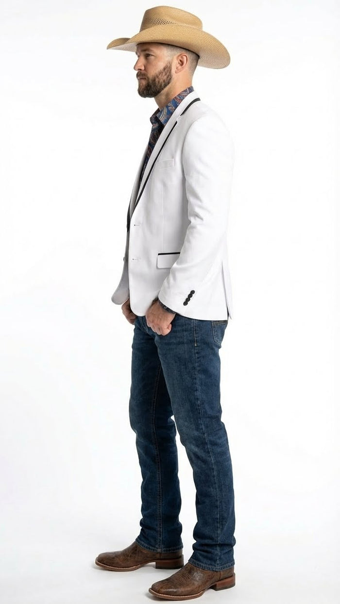 Men’s White Western Blazer with Black Trim – Classic Cowboy Style