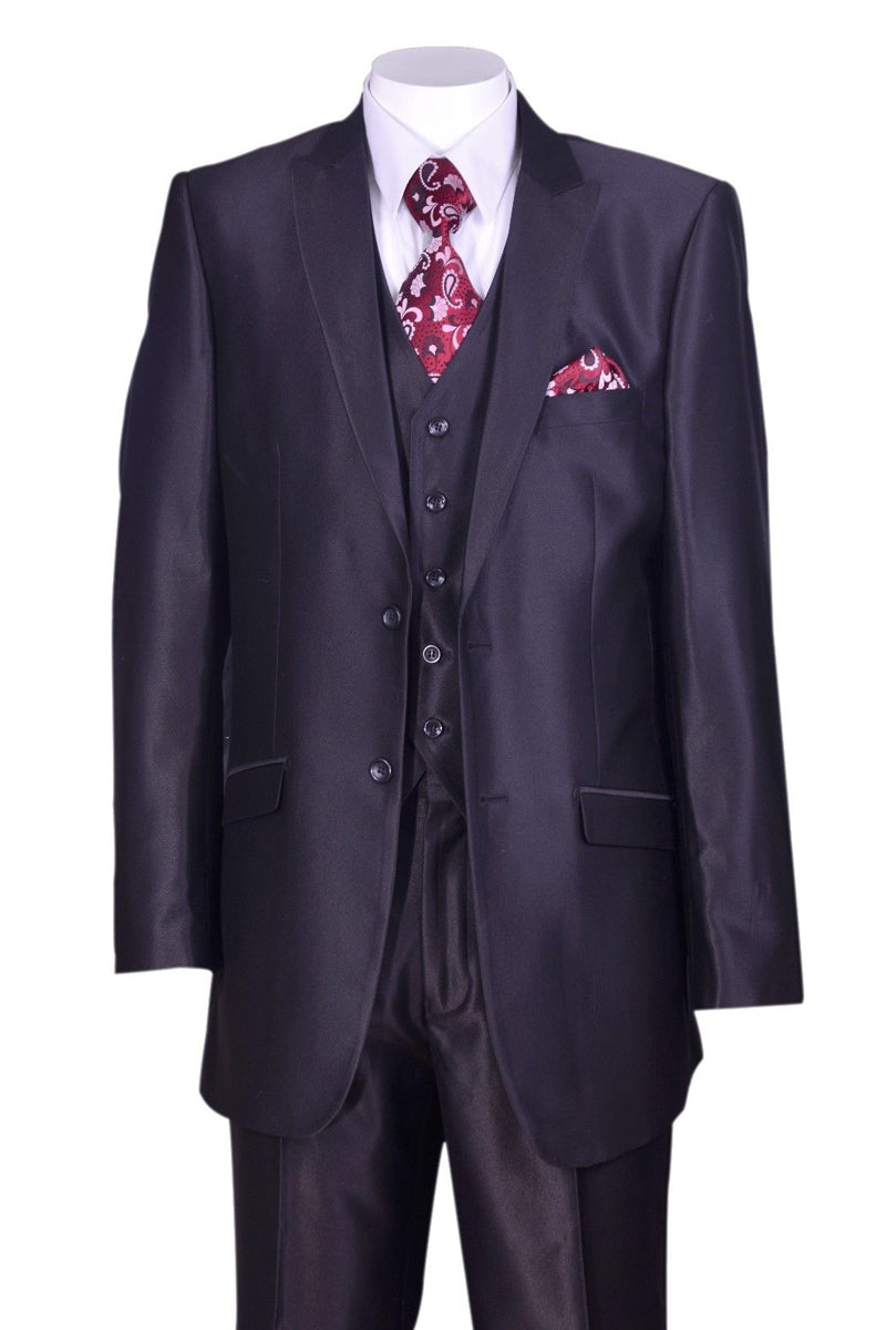Black Sharkskin 2-Button Vested Peak Lapel Suit