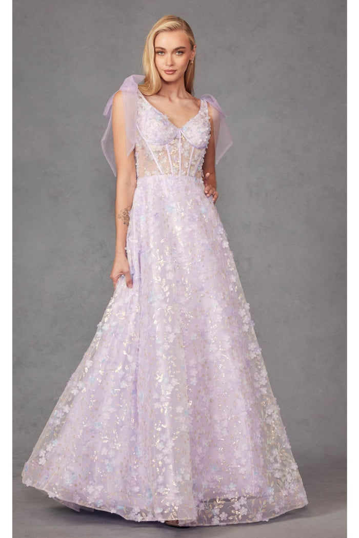 3D Floral Glitter Sleeveless A-line Gown by Juliet JT2439K