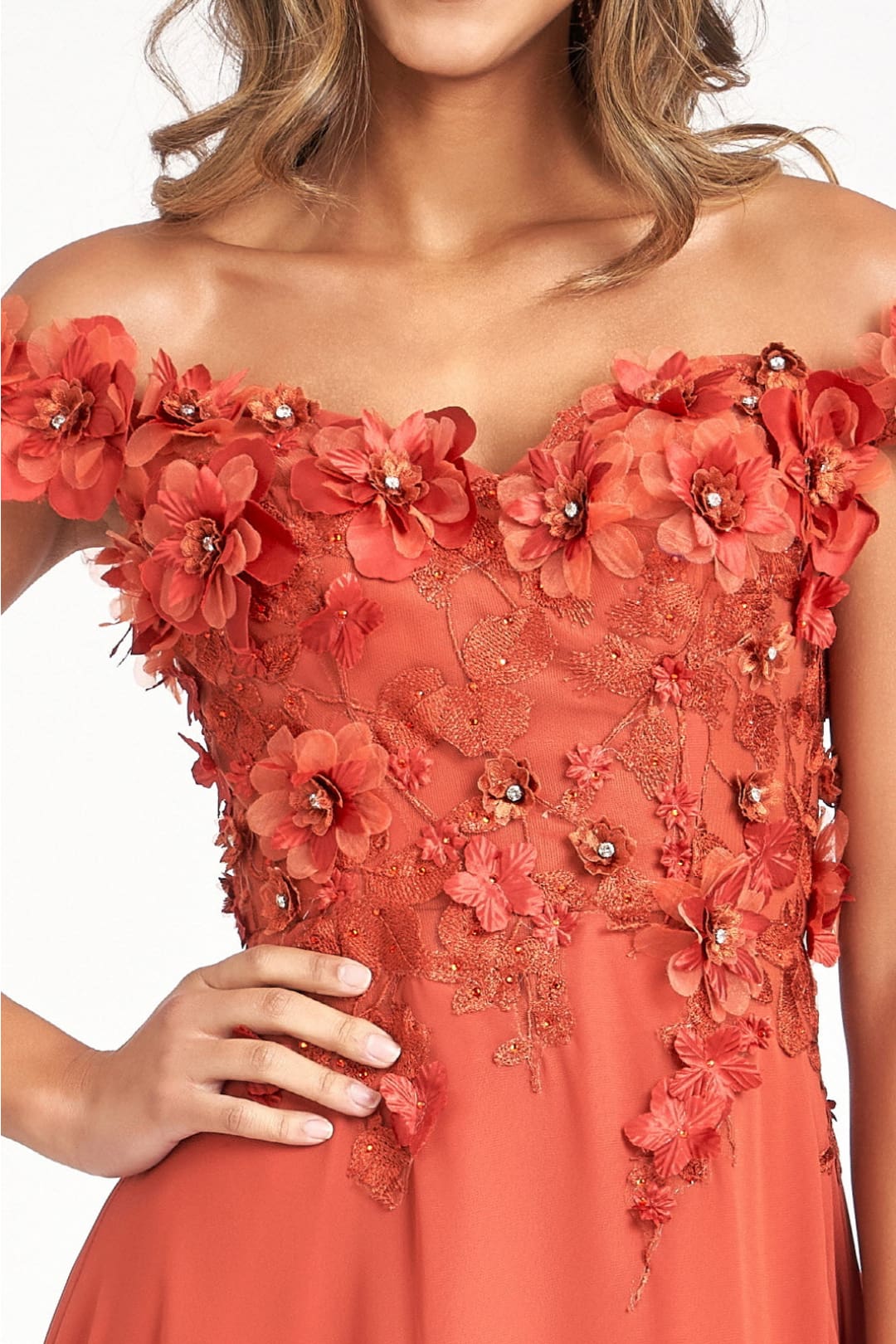 Off Shoulder Floral Chiffon Gown by Elizabeth K GL3018