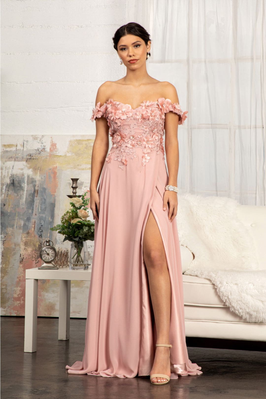 Off Shoulder Floral Chiffon Gown by Elizabeth K GL3018