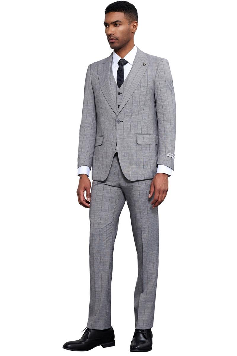 Stacy Adams Light Grey Windowpane Plaid Suit