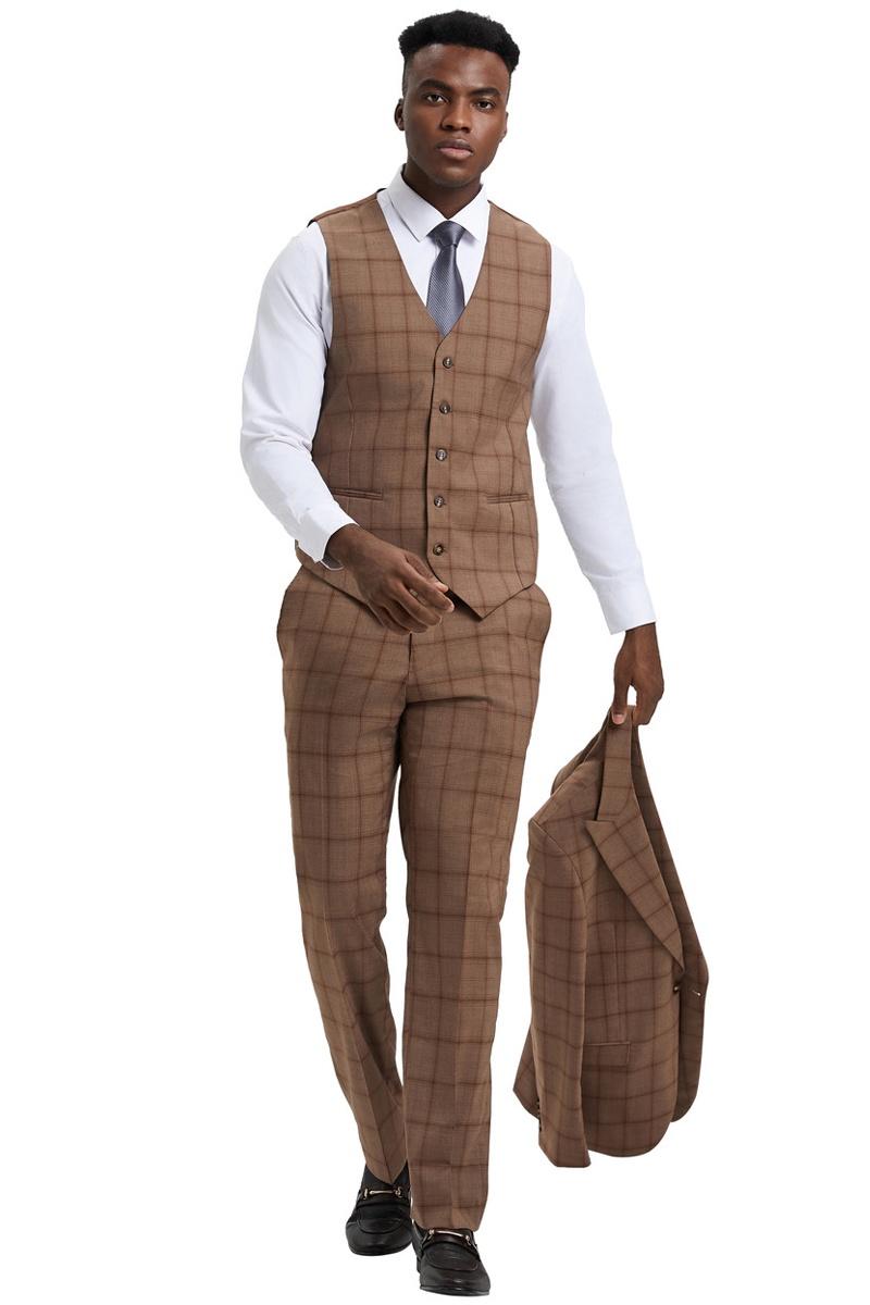 Stacy Adams Light Brown Windowpane Vested Suit