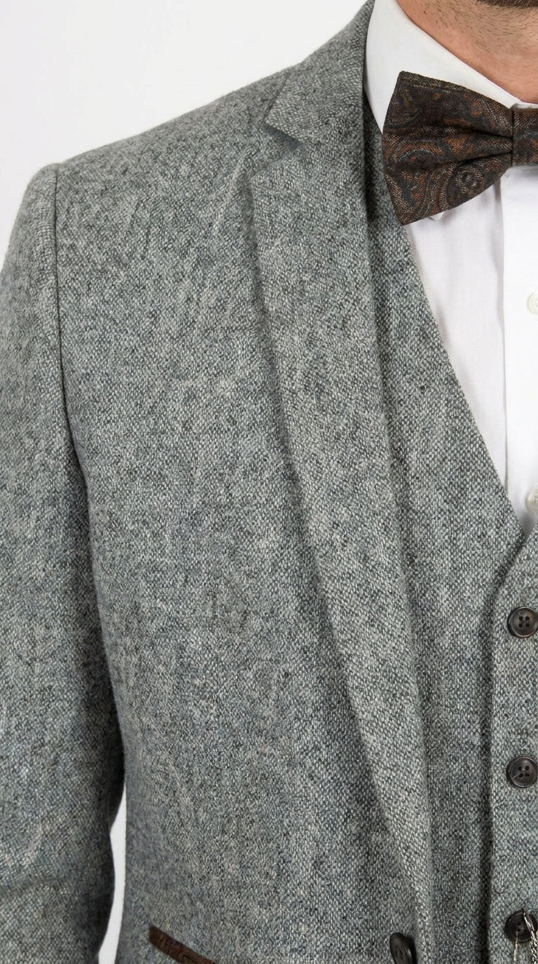 Men’s Grey Edwardian 3 Piece Suit – Vintage Victorian Wedding Suit with Vest Herringbone Tweed Fabric