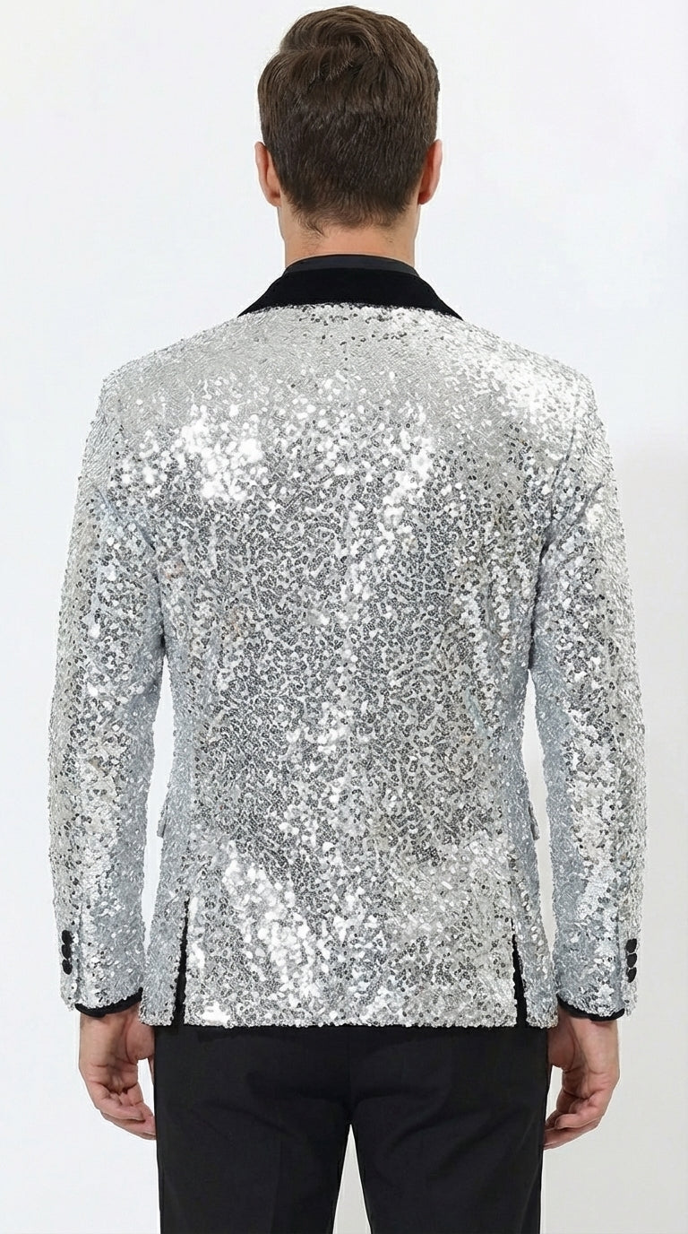 silver dress jacket Men's Silver Modern Fit Velvet Jacket Metallic Design S / Silver