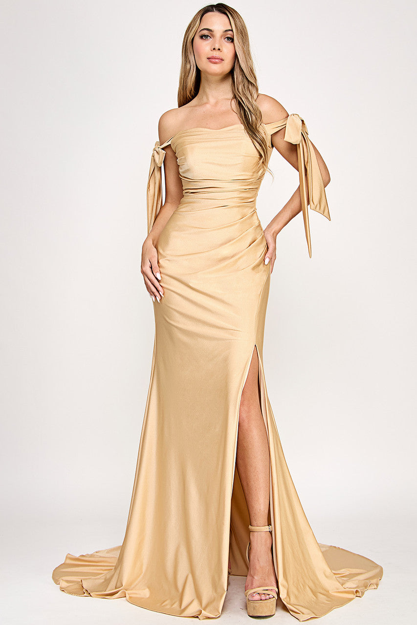 Off Shoulder Satin Mermaid Evening Gown with Bow Tie Sleeves Open Back by Lenovia 8358