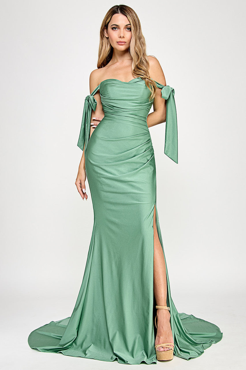 Off Shoulder Satin Mermaid Evening Gown with Bow Tie Sleeves Open Back by Lenovia 8358