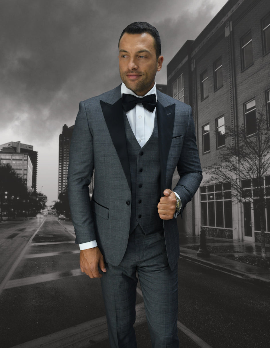 Grey Wool 1-Button Peak Lapel Vested Tuxedo