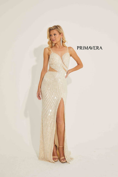 Primavera Couture 4327 - Sequin Embroidered Slit Evening Gown
