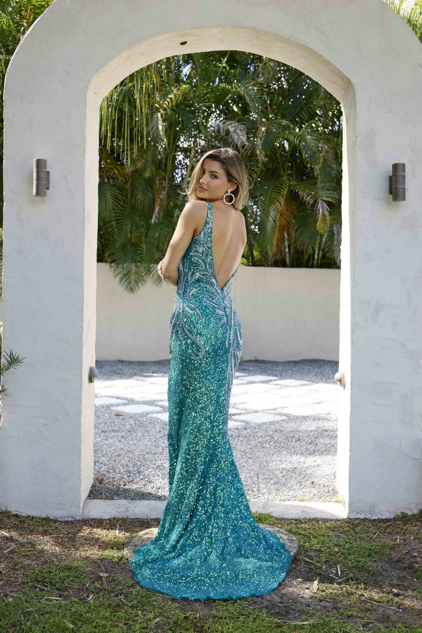 Primavera Couture 4333 - Slit Beaded Fitted Prom Dress