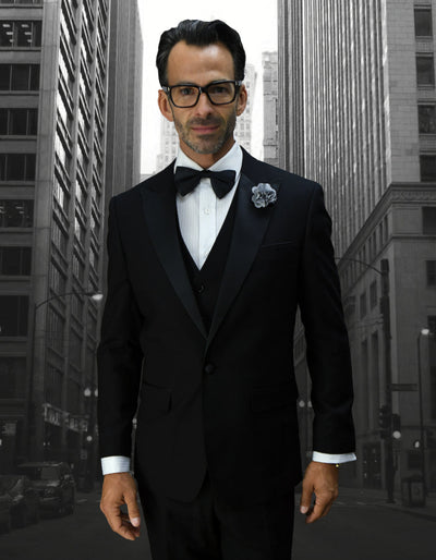 1 Button Peak Lapel Wool Black Tuxedo