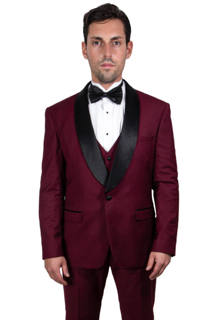 Burgundy Slim Fit Tuxedo with Large Black Shawl Lapel – 3 Piece Wedding & Prom Set