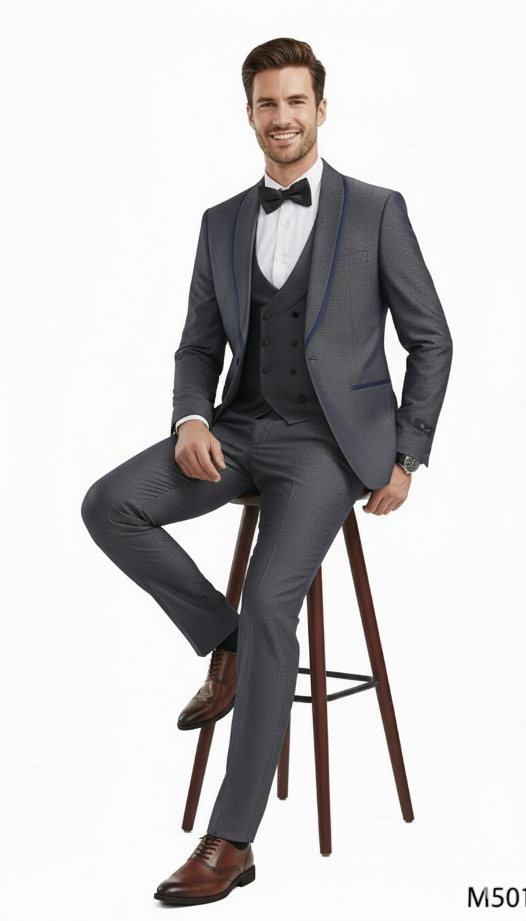 Charcoal Gray Slim Fit Suit with Blue Trim - 3 Piece