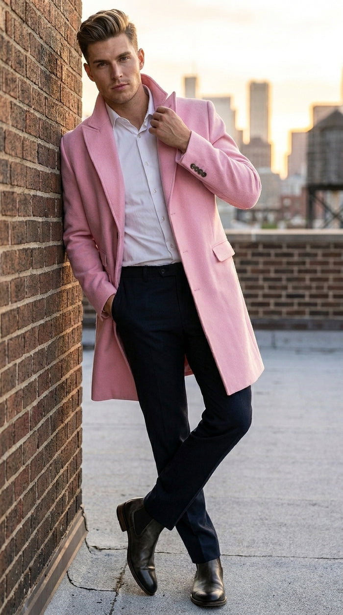 Men’s Light Pink Fashion Overcoat with Notch Lapel, Dress Car Coat for Formal and Casual Wear