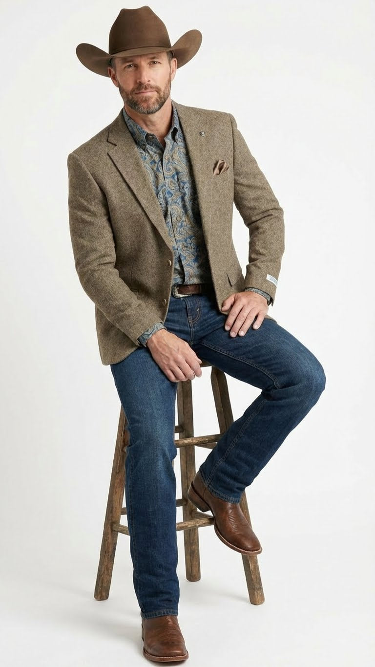 Men’s Brown Taupe Western Blazer Jacket – Classic Cowboy Style Sport Coat for Wedding