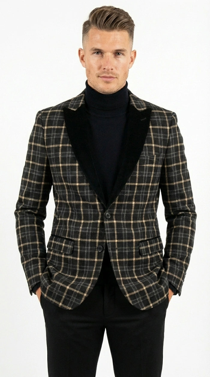 Mens Tartan Black and Gold Check Blazer – Windowpane Plaid Sport Coat Velvet Lapel Formal Party Jacket Chirsitmas New Year Holiday Jacket