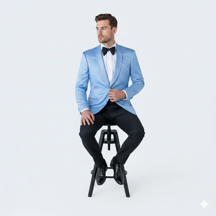 Light Blue Paisley Satin Shawl Tuxedo Jacket