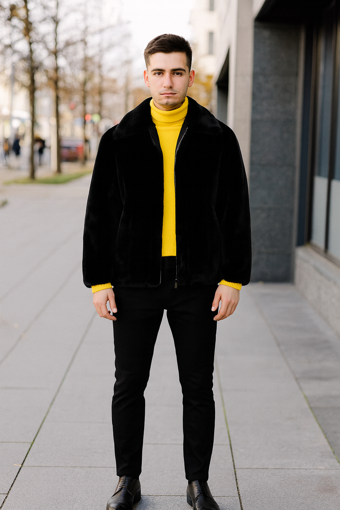 Men’s Black Faux Fur Zip-Up Jacket