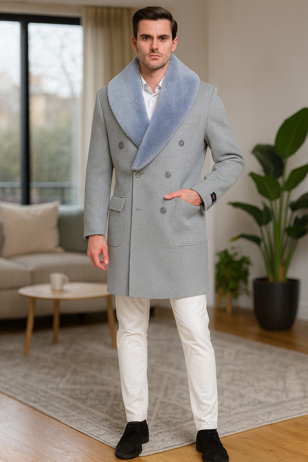 Grey Double Breasted Overcoat with Faux Fur Collar