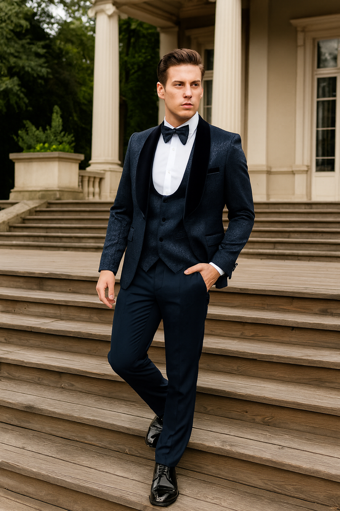 Navy Jacquard Tuxedo with Velvet Lapel - 3 Piece