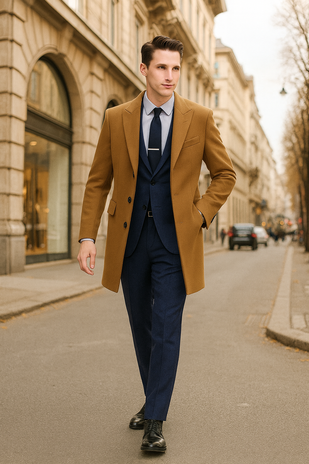 Men’s Camel Brown Wool Overcoat - Classic Long Dress Coat