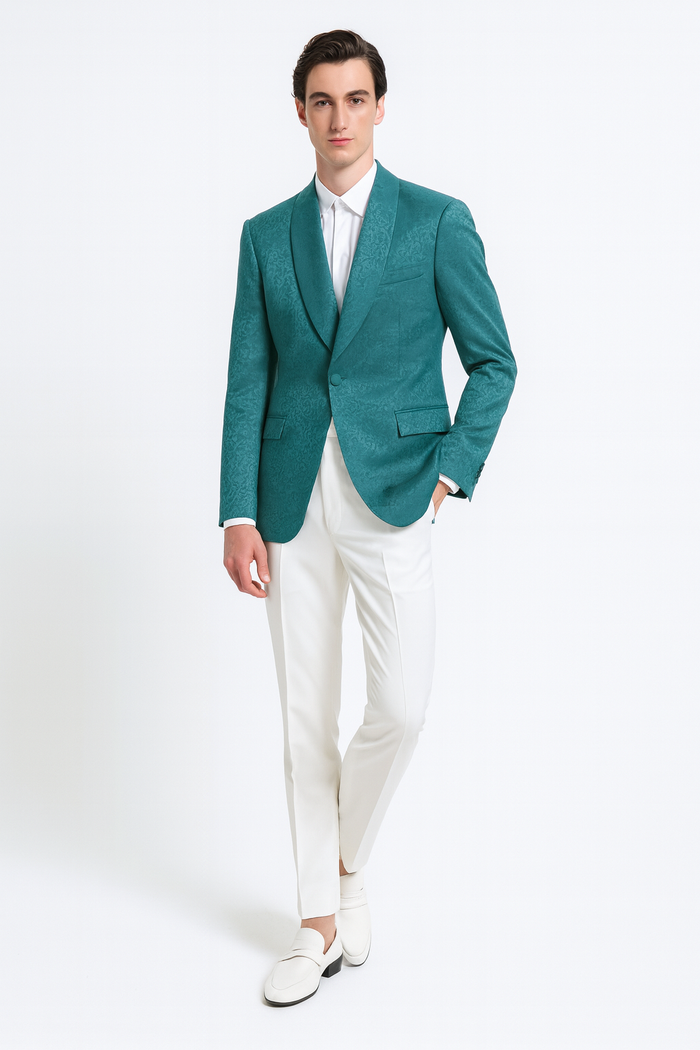 Teal Green Floral Jacquard Slim Tuxedo Blazer