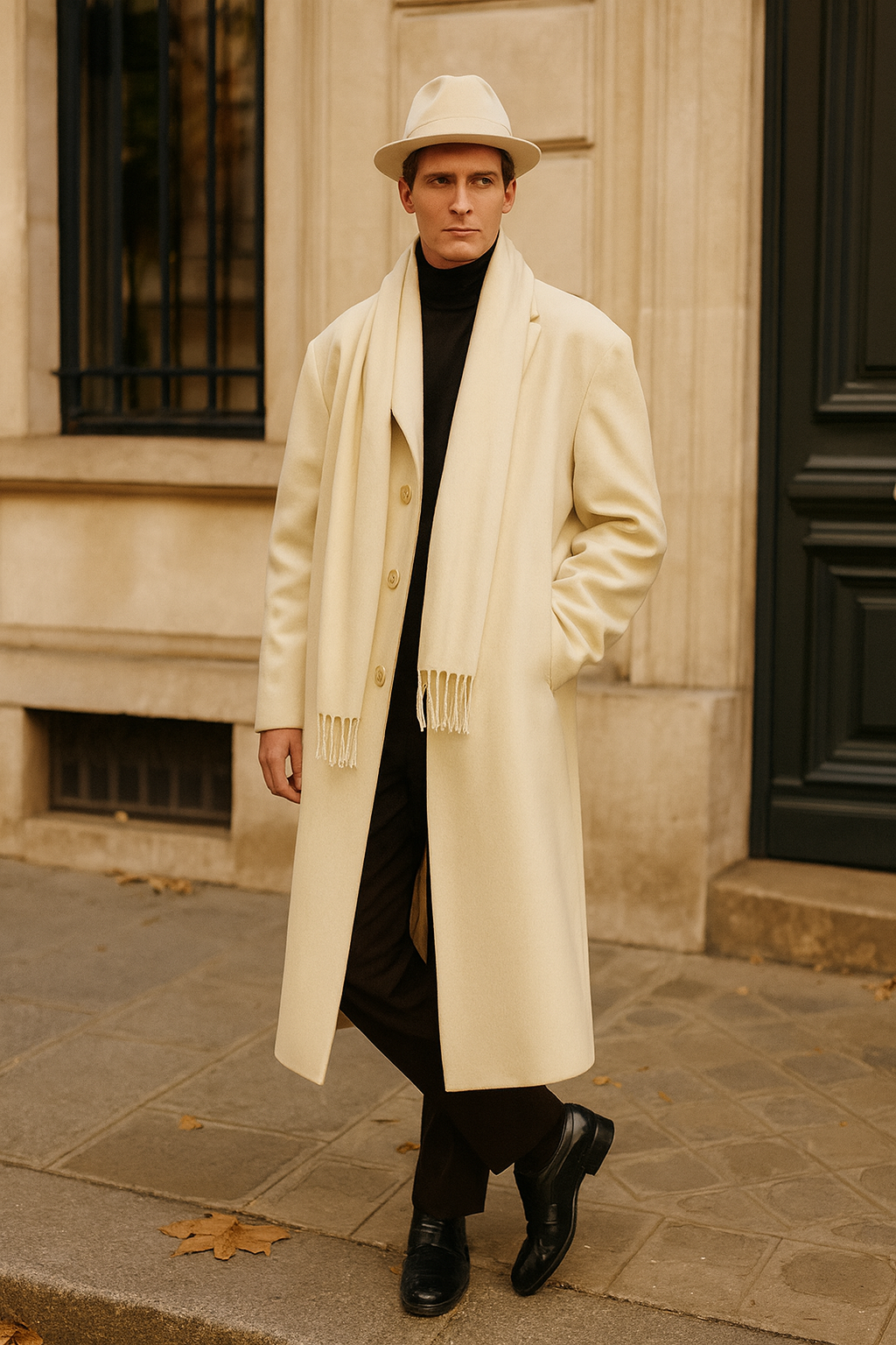 Men’s Long Wool Overcoat in Ivory
