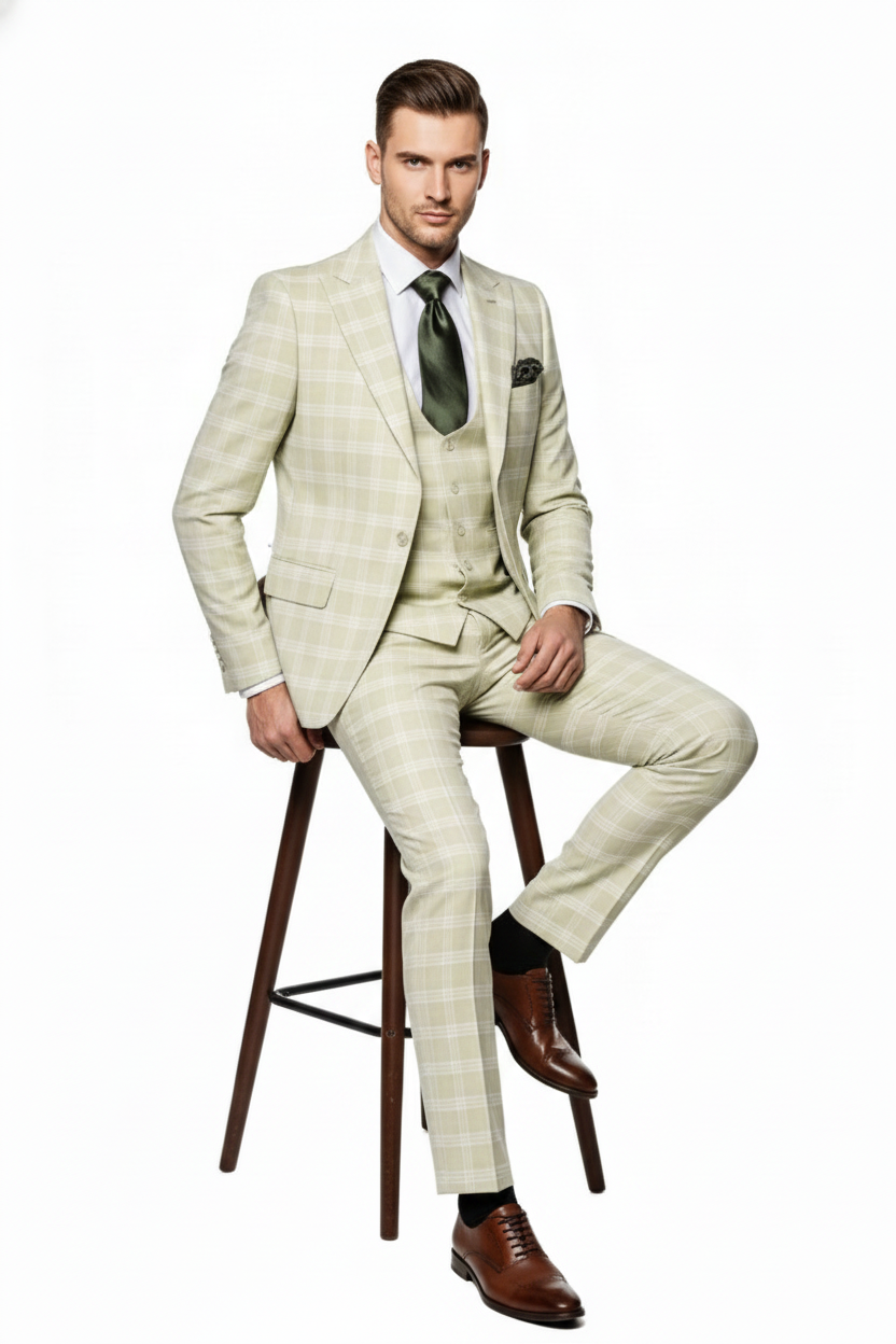 Men’s Light Beige Check 3-Piece Suit Set – Premium Tailored Fit Formal Wedding and Spring Event Suit Light Tan Sand Color By Rossiman