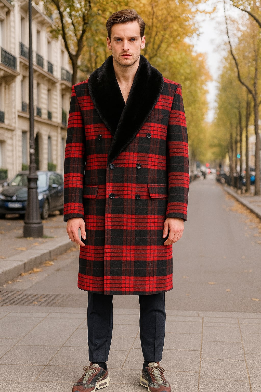 Tartan Christmas New Year Holiday Mens Red and Black Plaid Wool Overcoat with Black Faux Fur Shawl Collar – Double-Breasted Winter Coat - Tartan Design