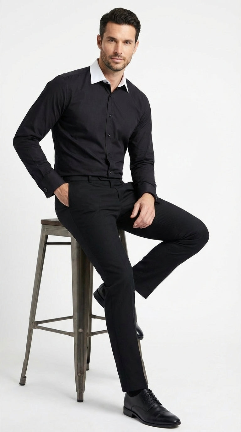 Men’s Black Dress Shirt with White Contrast Collar | French Cuff Cotton Poplin Formal Button-Up Shirt