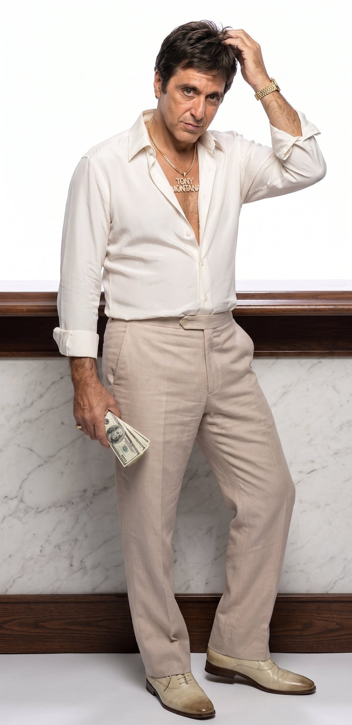 Tony Montana’s White Linen Shirt and Tan Pants – Men’s White Formal Shirt with Tan Trousers for Party, Wedding and Vintage Style Outfit