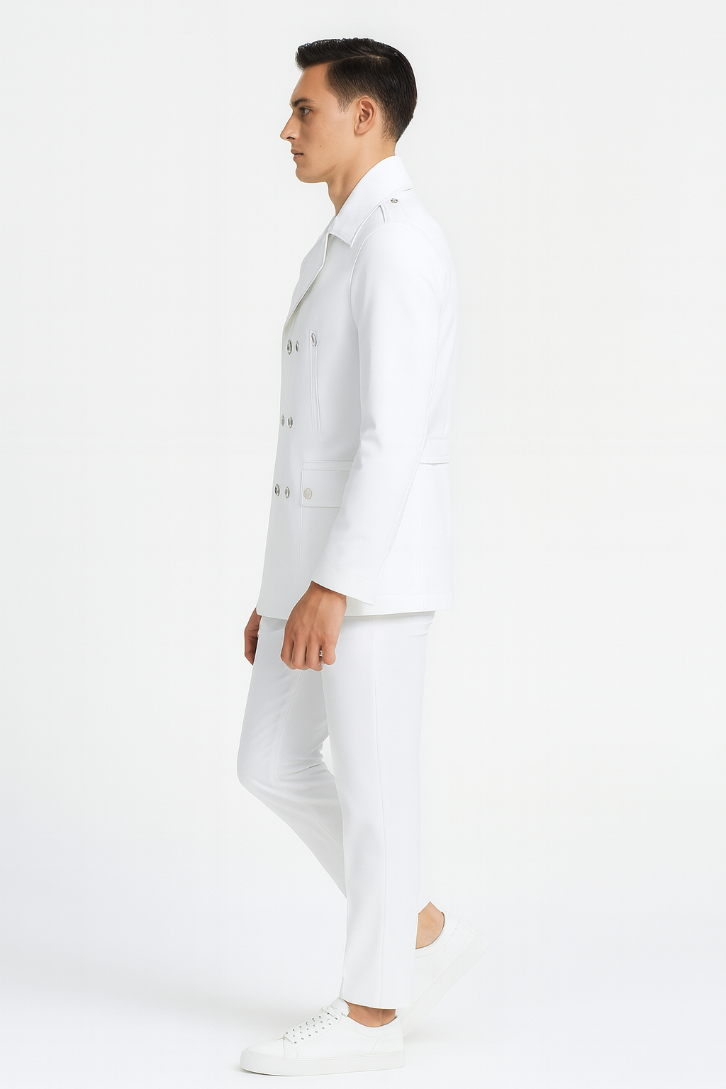 Men’s White Double-Breasted Wool Peacoat Slim Fit