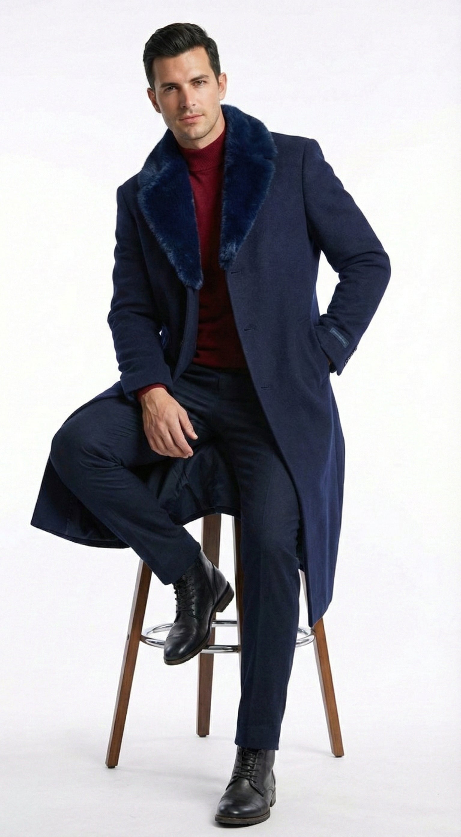 Men’s Dark Navy Blue Long Overcoat with Faux Fur Collar, Classic Winter Dress Coat for Formal