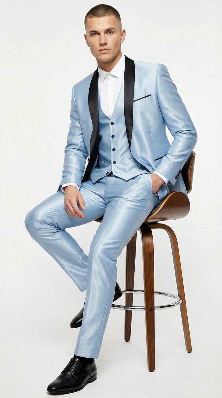 Men’s Light Blue Shiny 3 Piece Suit with Black Shawl Lapel | Formal Wedding Prom Suit - Sateen Sharskin Suit