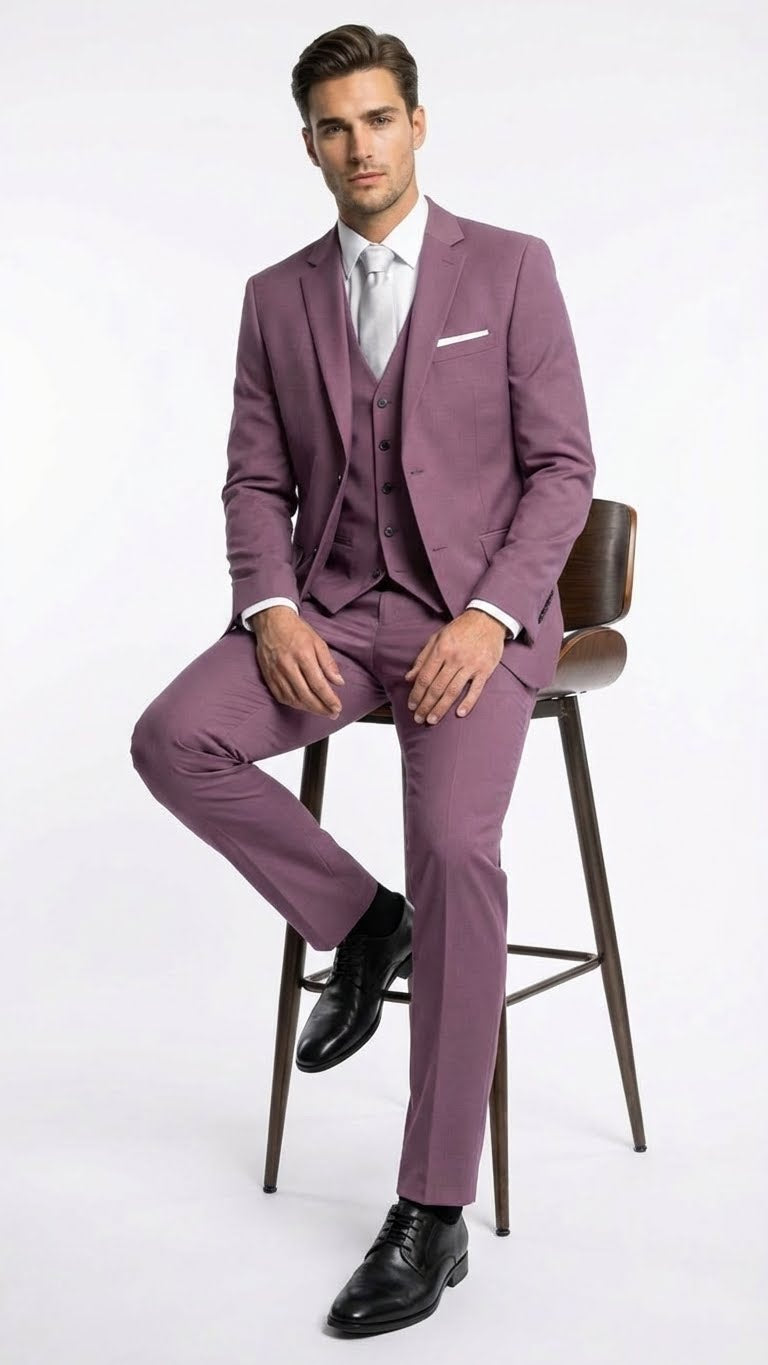 Men’s Mauve Three-Piece Suit – Slim Fit Formal Blazer, Vest, and Trousers for Weddings Rose Gold Pinkish Color