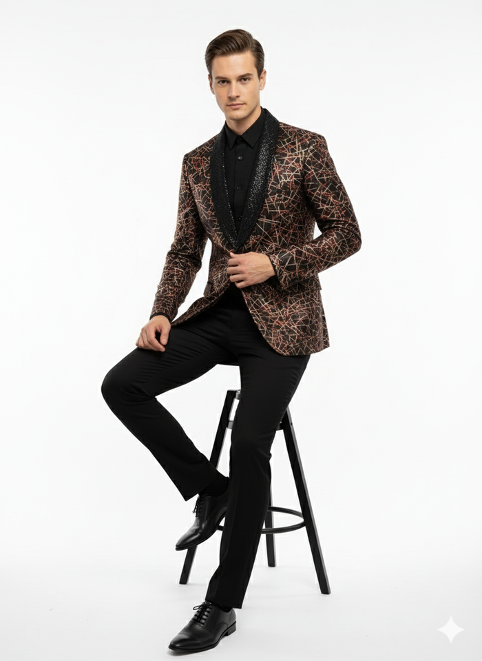 Men’s Black Blazer with Red & Gold Pattern
