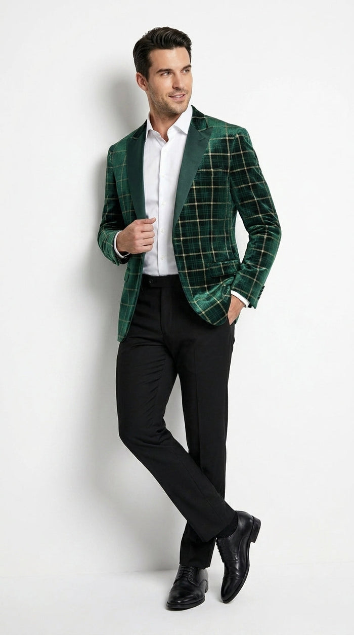 Men’s Green and Gold Plaid Christmas Holiday Blazer – Classic Check Party Jacket for New Year, Wedding and Festive New Year event