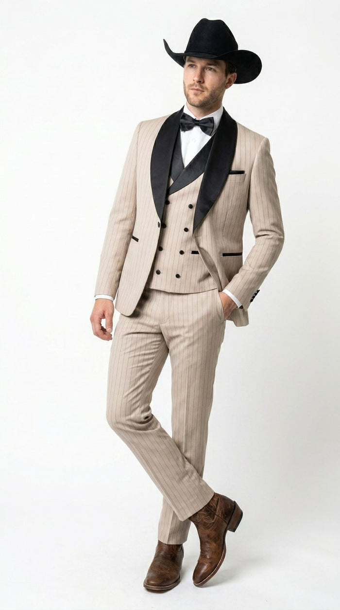 Men’s Beige Pinstripe Western 3 Piece Tuxedo Suit with Black Shawl Lapel, Formal Cowboy Wedding Prom Suit in Tan Khaki Color