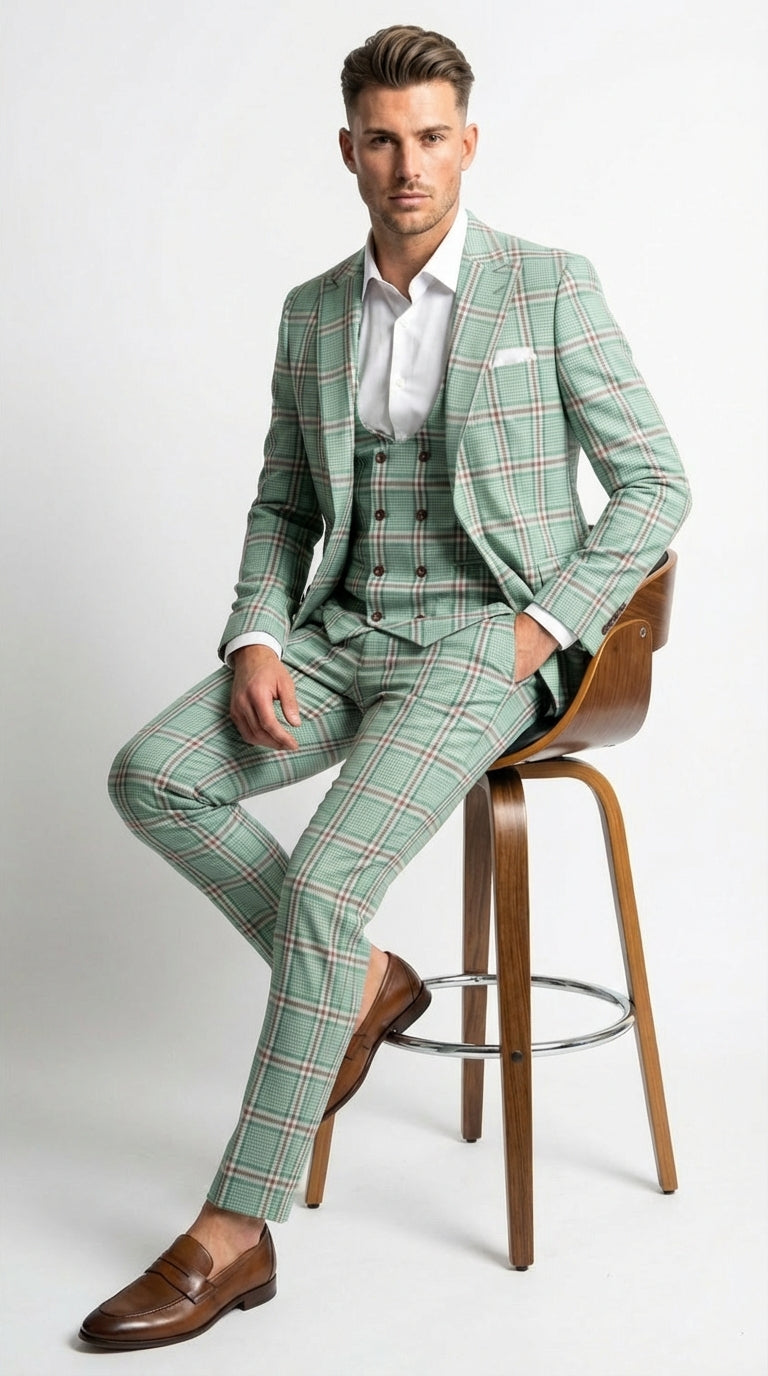 Mint Green Plaid Three Piece Suit for Men | Classic Checkered Formal Suit with Jacket Vest and Pants By Rossiman