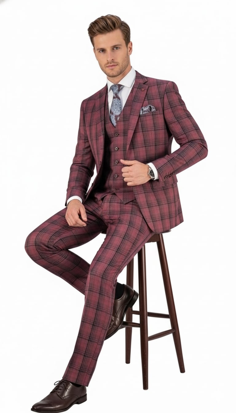 Red Burgundy Plaid 3-Piece Suit for Men