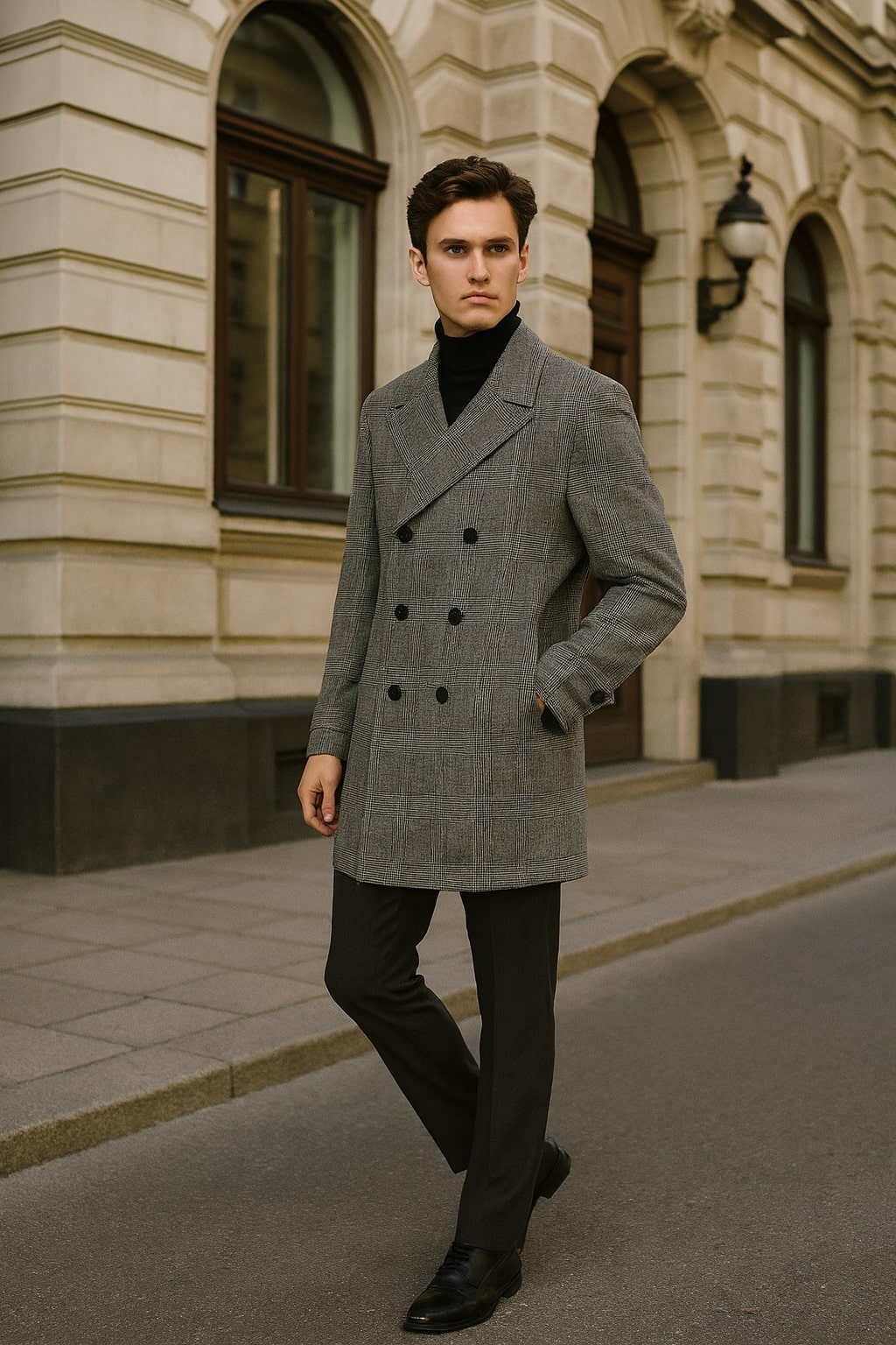 Grey Plaid Double-Breasted Overcoat with Faux Fur Collar