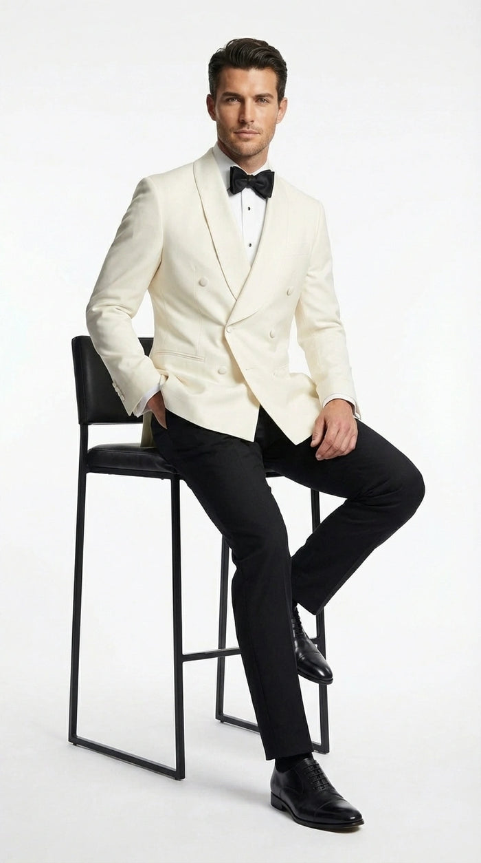 Men’s Ivory Wool Dinner Jacket – Classic Double Breasted Formal Tuxedo Jacket for Wedding and Black Tie Events