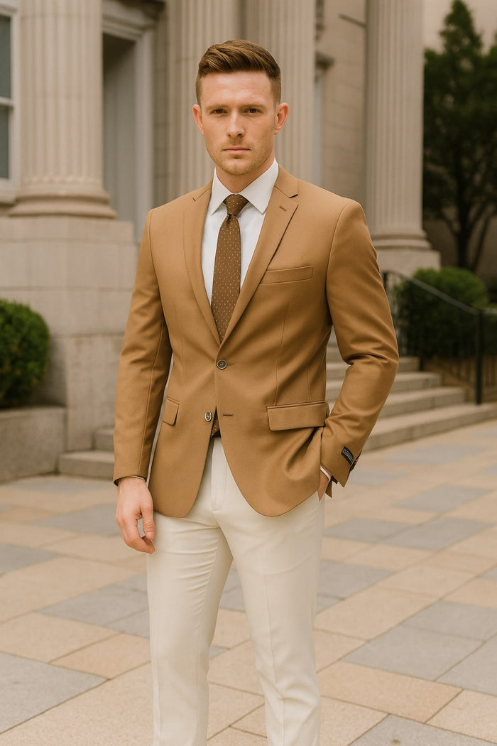 Mens Camel Brown Rustish Two-Button Classic Fit Sport Coat – Modern Blazer for Business and Special Occasions