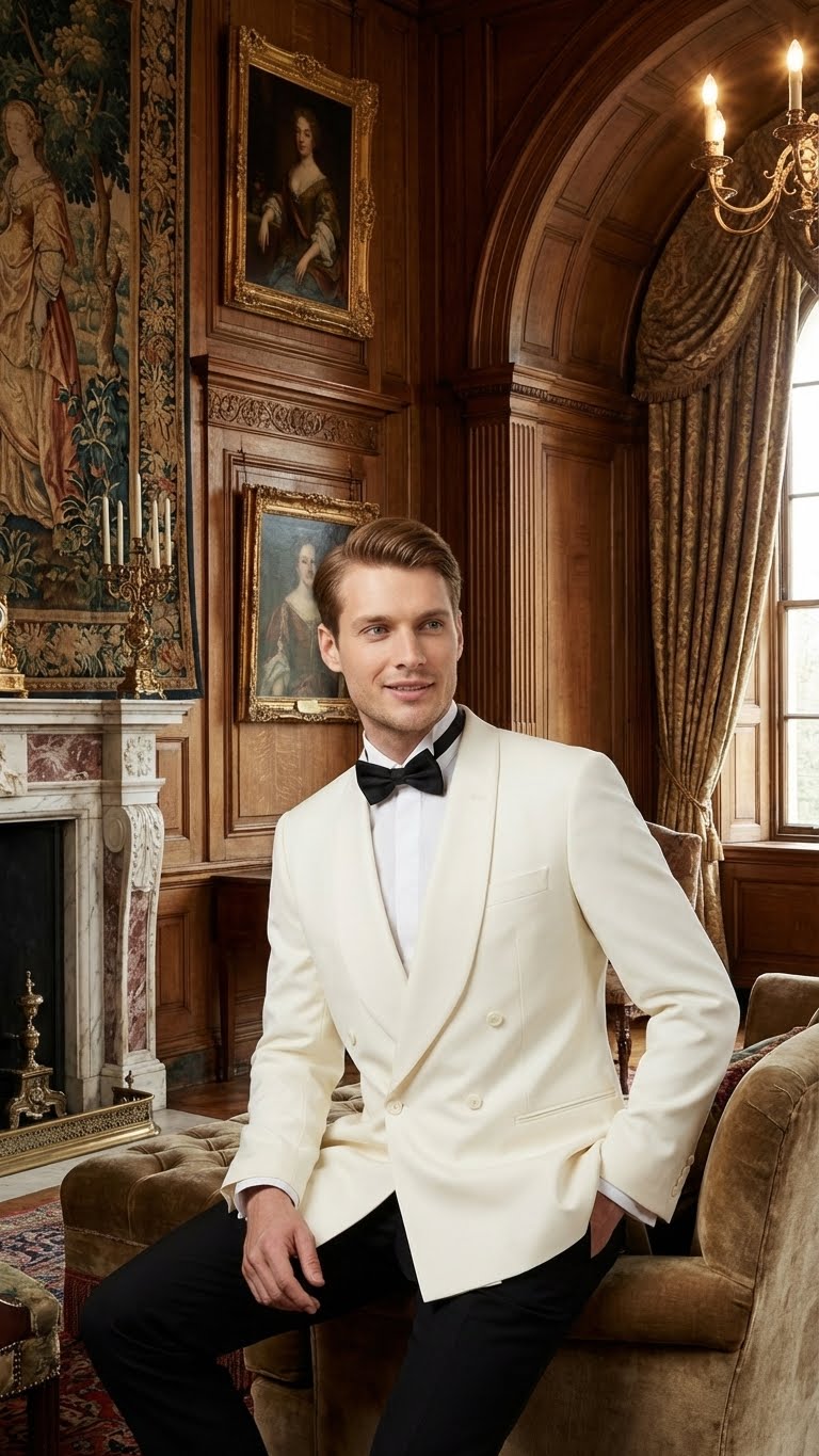 Men’s Ivory Double-Breasted Shawl Lapel Tuxedo Jacket | Premium Formal Dinner Jacket for Weddings and Black-Tie Events