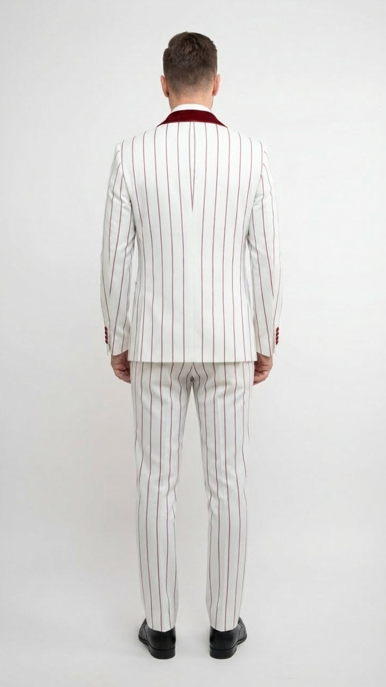 Men’s White and Dark Red Pinstripe Tuxedo with Velvet Shawl Lapel – Formal Dinner Blazer Prom Christmas New Year Holiday Suit